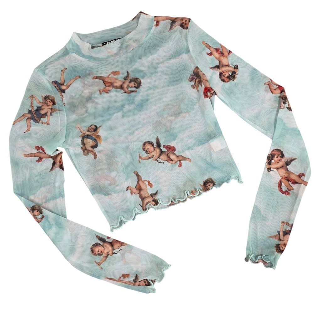 G Mini USA Mesh Top Blue Cherub Angel Cloud Lettuce Edge Long Sleeve Y2K Medium